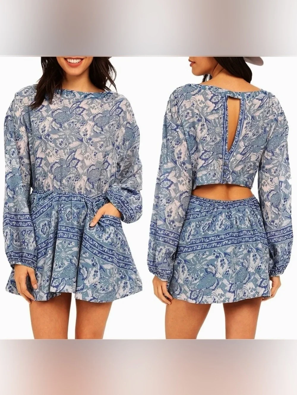 Free People Blue Printed Boho Open Back Mini Dress